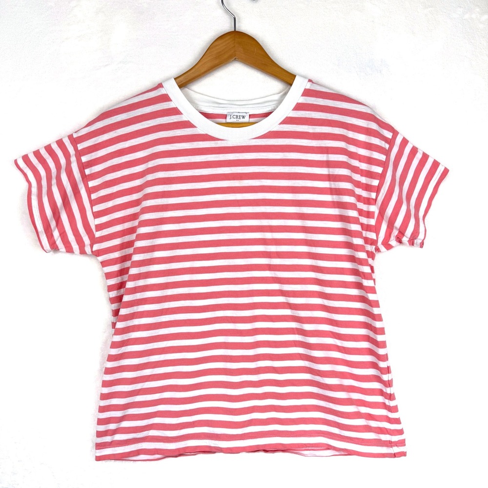 J.Crew Womens Pink White Striped Cotton Crew Neck T-Shirt Size M Short Sleeve